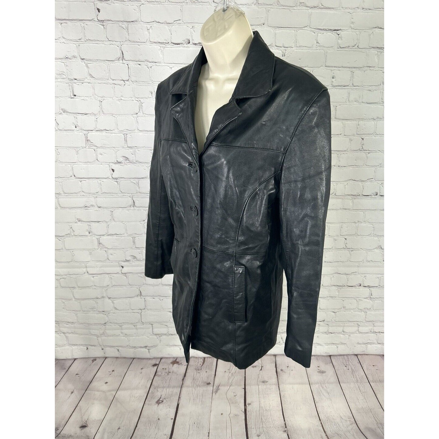 Accents By Comint Solid Black Button Up Genuine Leather Biker Jacket Women’s M