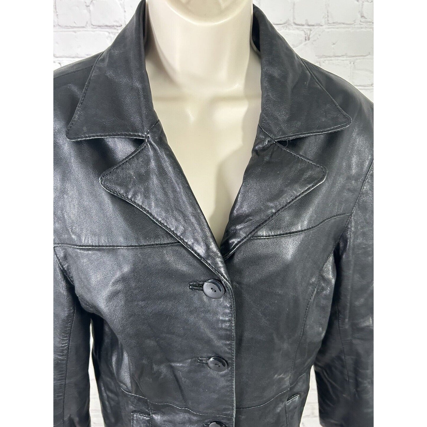 Accents By Comint Solid Black Button Up Genuine Leather Biker Jacket Women’s M