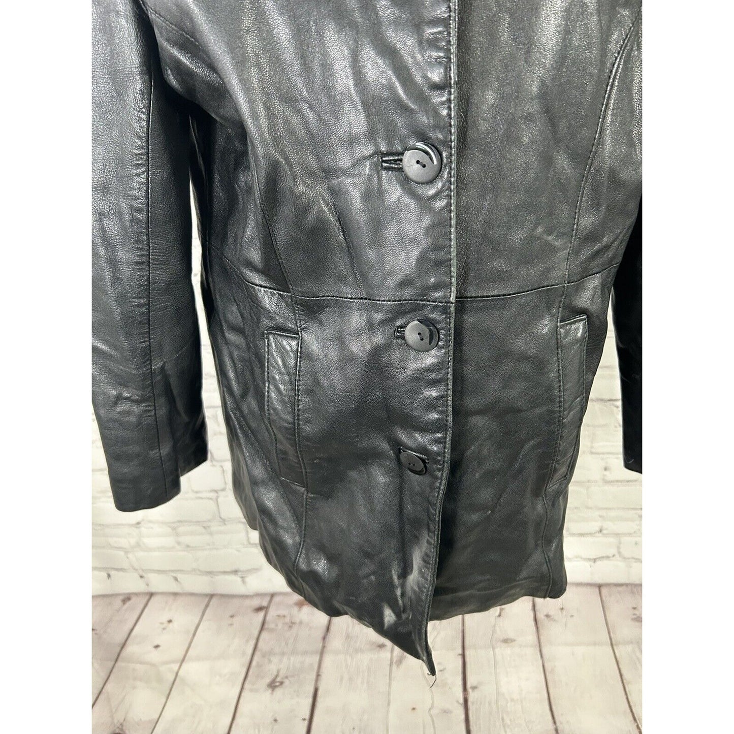 Accents By Comint Solid Black Button Up Genuine Leather Biker Jacket Women’s M