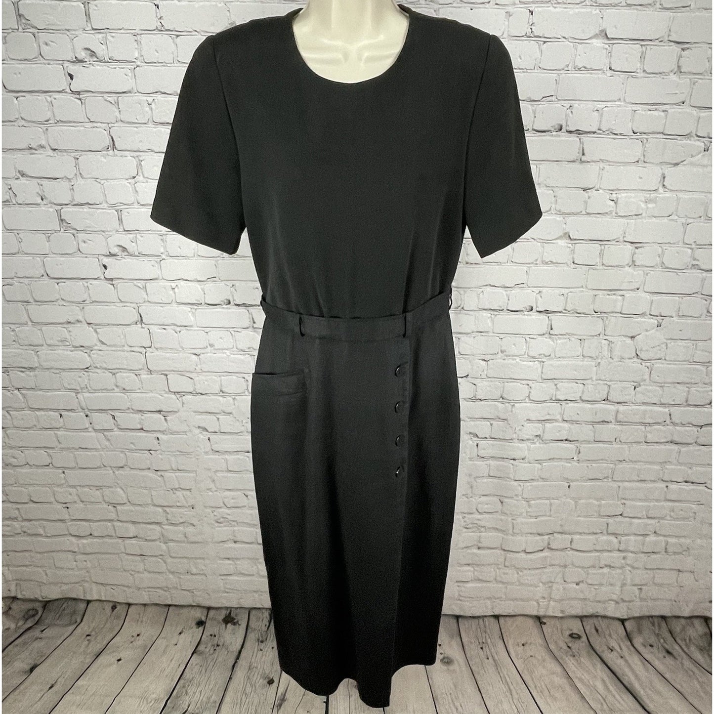 David Warren Black Linen Blend Buttoned Lined Zipped Sheath Midi Dress Size 10