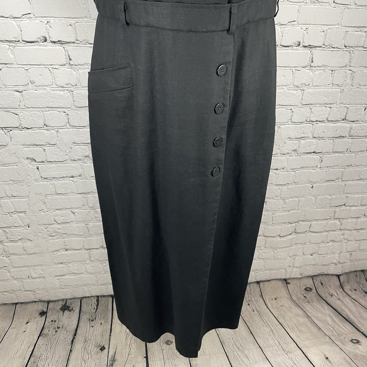 David Warren Black Linen Blend Buttoned Lined Zipped Sheath Midi Dress Size 10