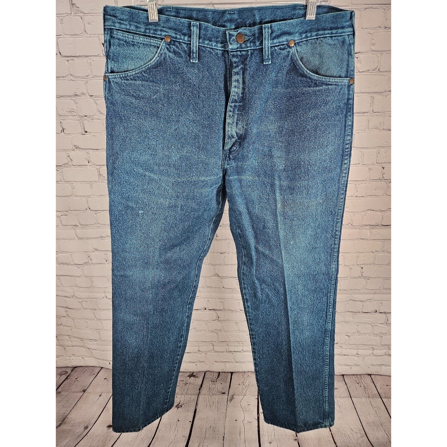 VTG Wrangler Made In USA Blue Green Hand Dyed Straight Leg Jeans Size 36 X 32