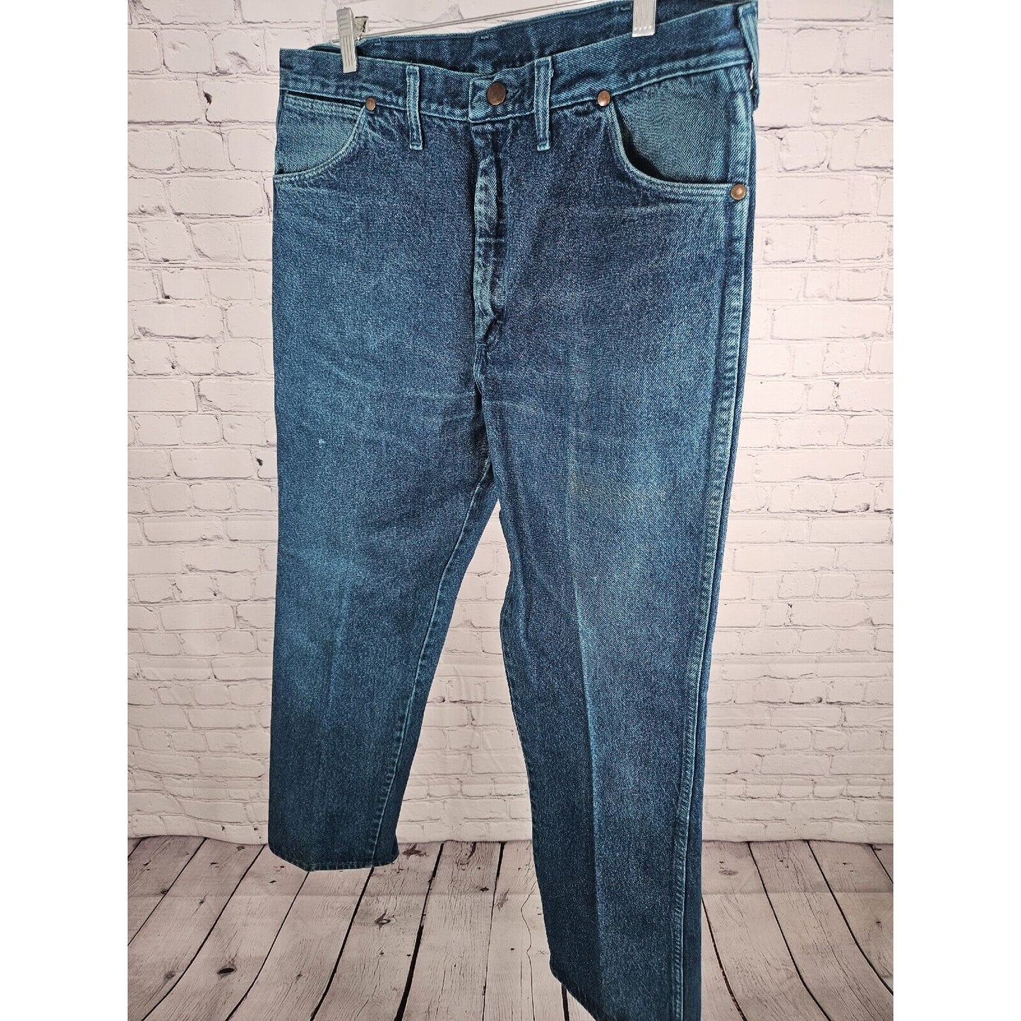 VTG Wrangler Made In USA Blue Green Hand Dyed Straight Leg Jeans Size 36 X 32