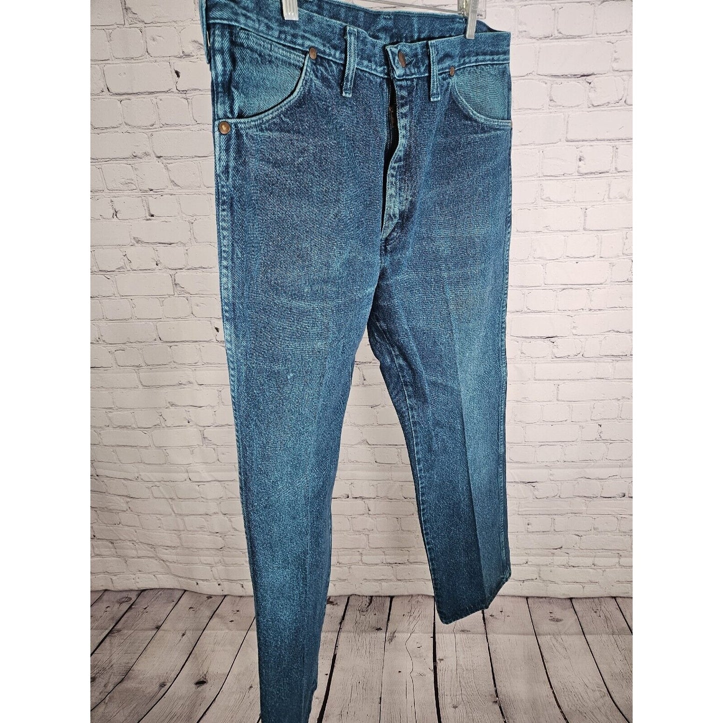 VTG Wrangler Made In USA Blue Green Hand Dyed Straight Leg Jeans Size 36 X 32