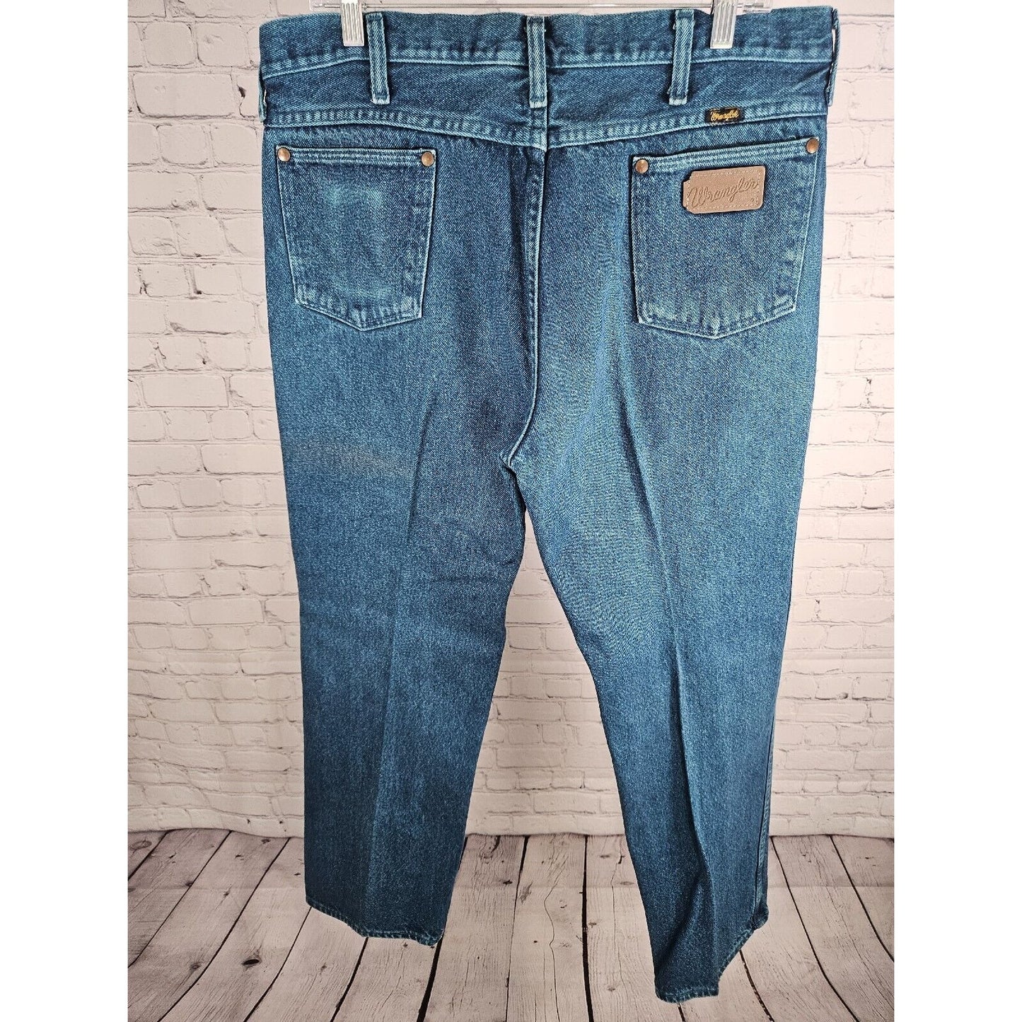 VTG Wrangler Made In USA Blue Green Hand Dyed Straight Leg Jeans Size 36 X 32
