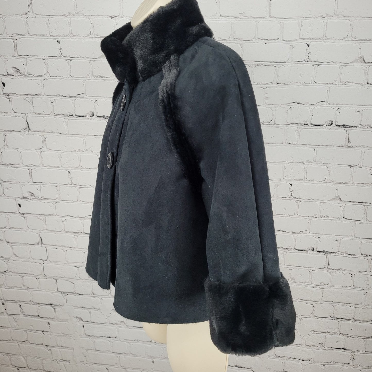 Drew Black Faux Vegan Suede Soft Fur Lined Crop Jacket USA Made Size Small S