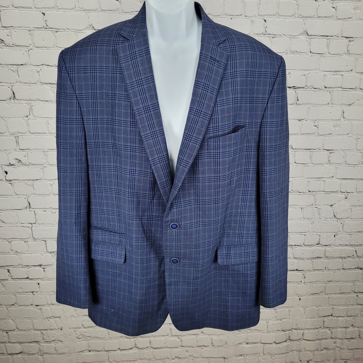 Van Heusen Studio Blue Plaid 2 Button Vented Notch Blazer Sport Coat Size 48R