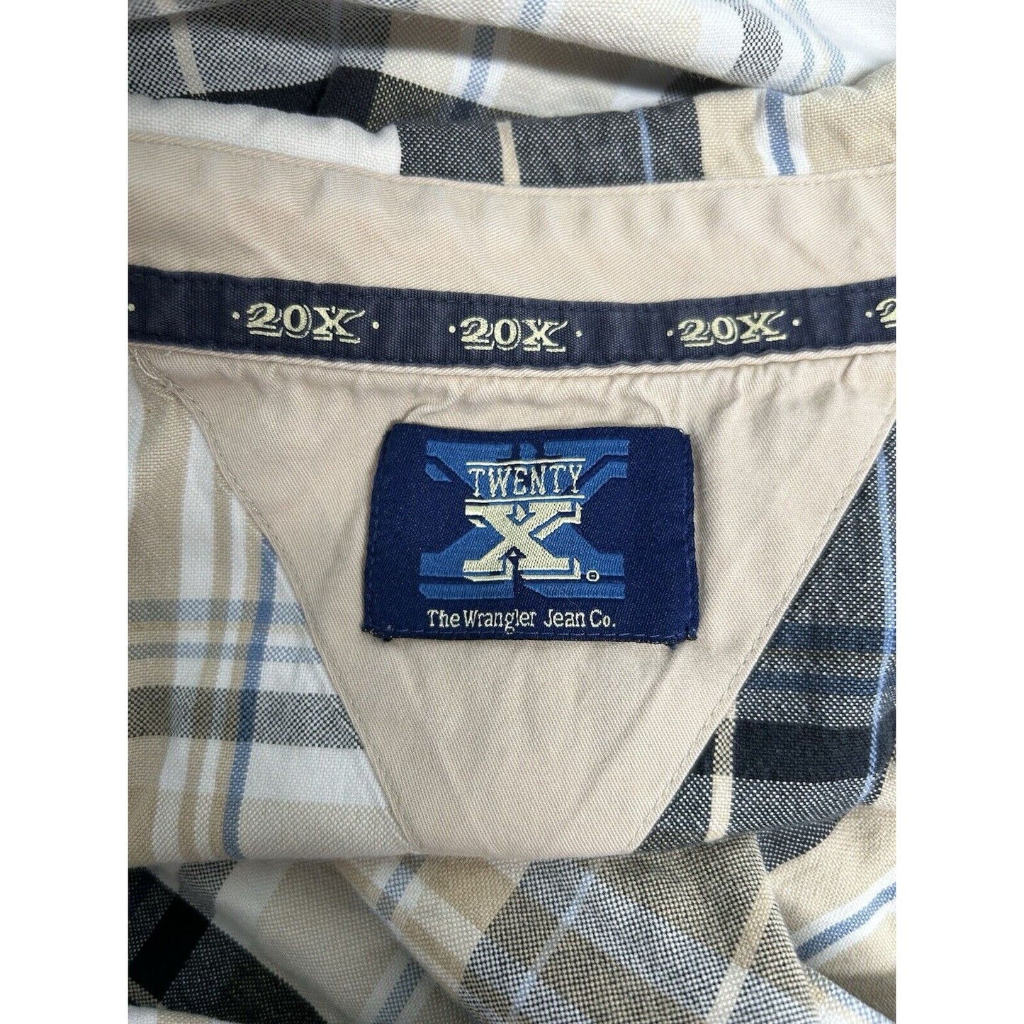 Twenty X Wrangler Jean Co Plaid White Brown Blue Long Sleeve Button Plaid XL