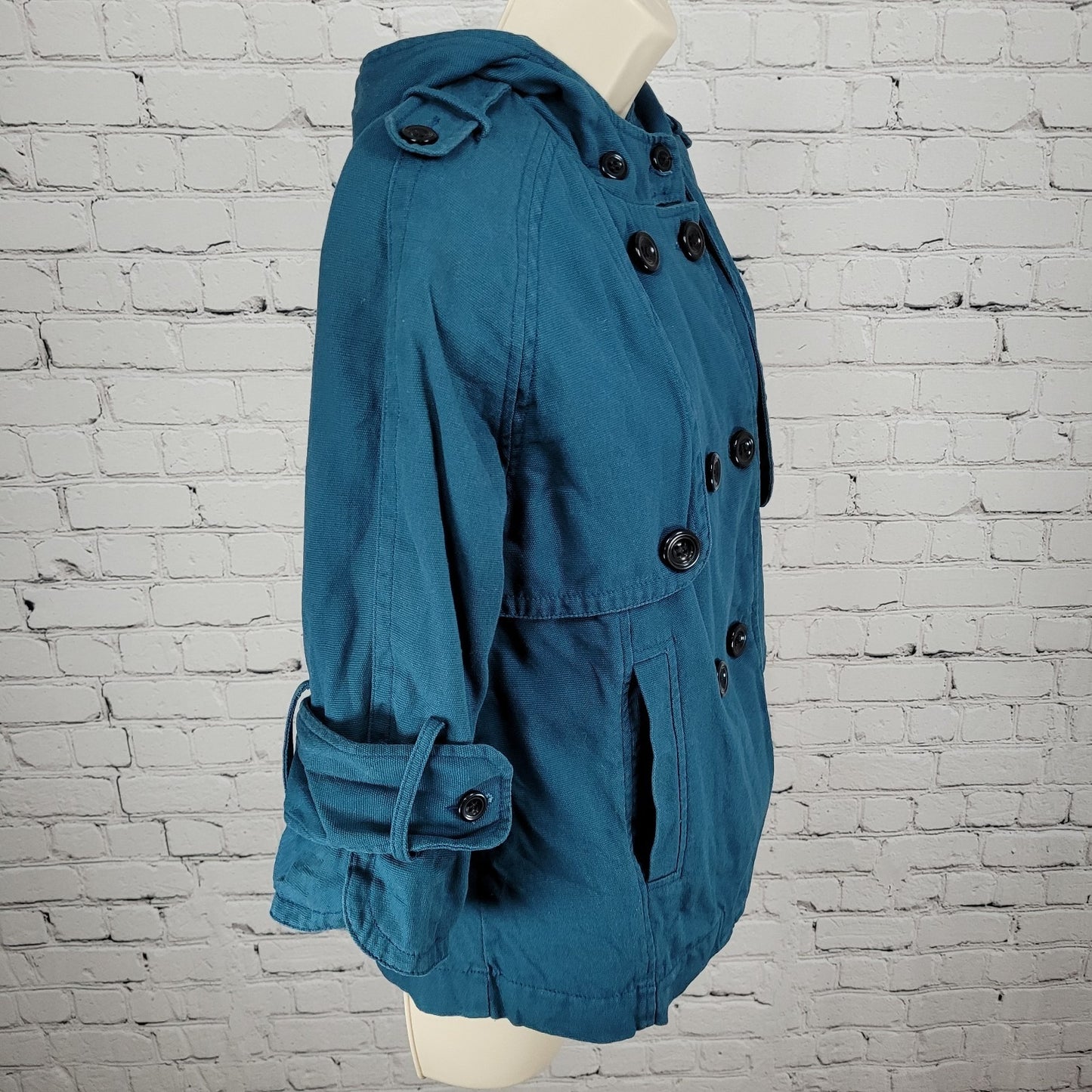Tulle Anthropologie Blue Cotton Double Breasted 3/4 Sleeve Jacket Size Small S