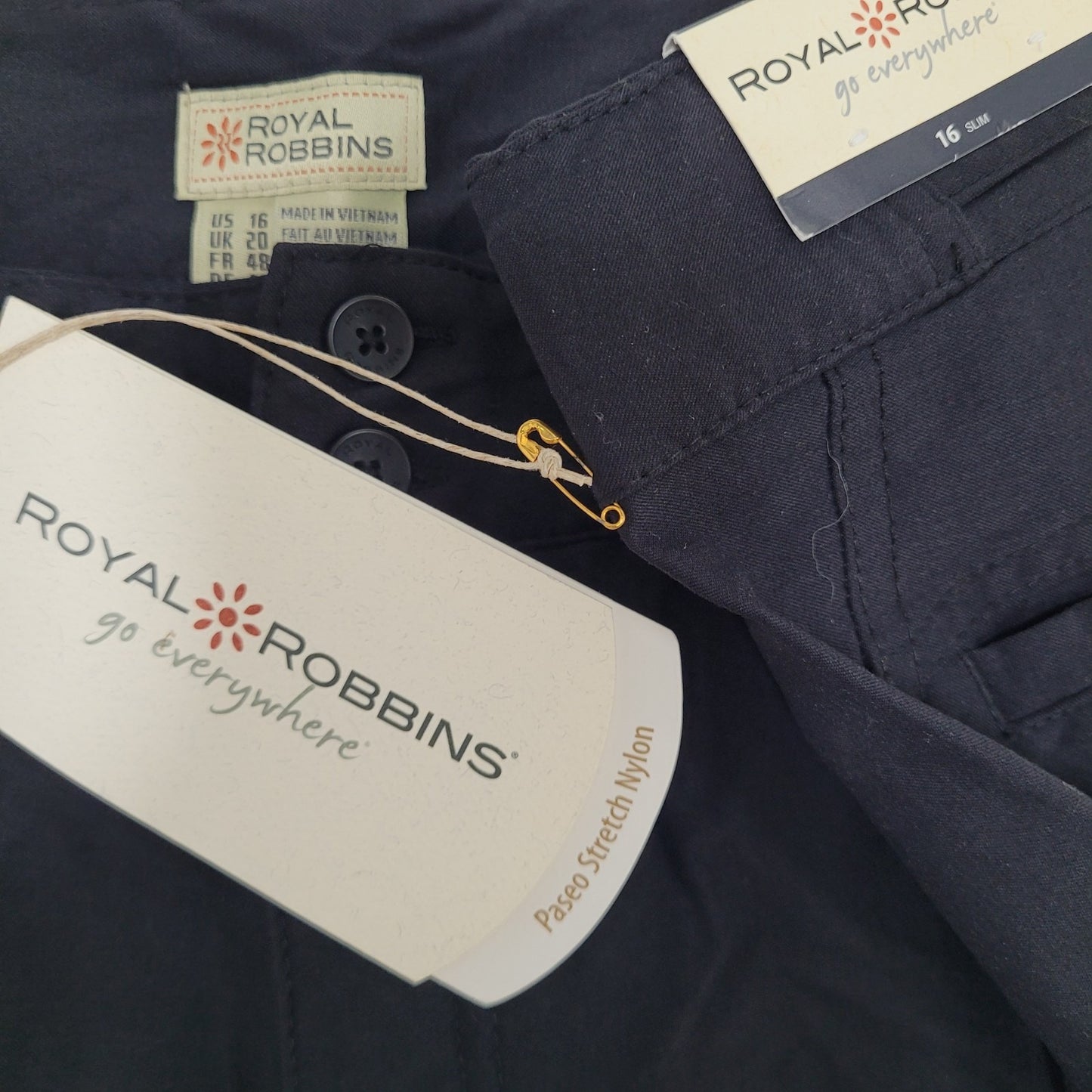 NWT Royal Robbins Black Paseo Stretch Nylon Traveler UPF Pants Slim 16 (36x28)