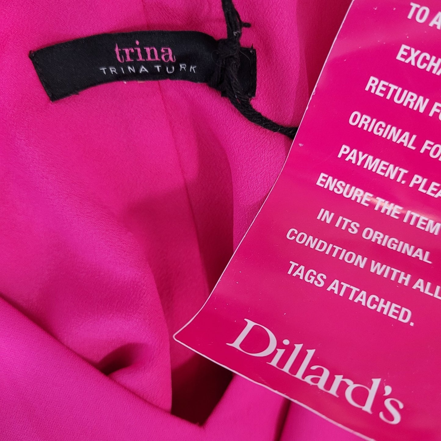 NWT Trina Turk Hot Pink Long Bell Sleeve Tie Back Lined Shift Dress Size Large L