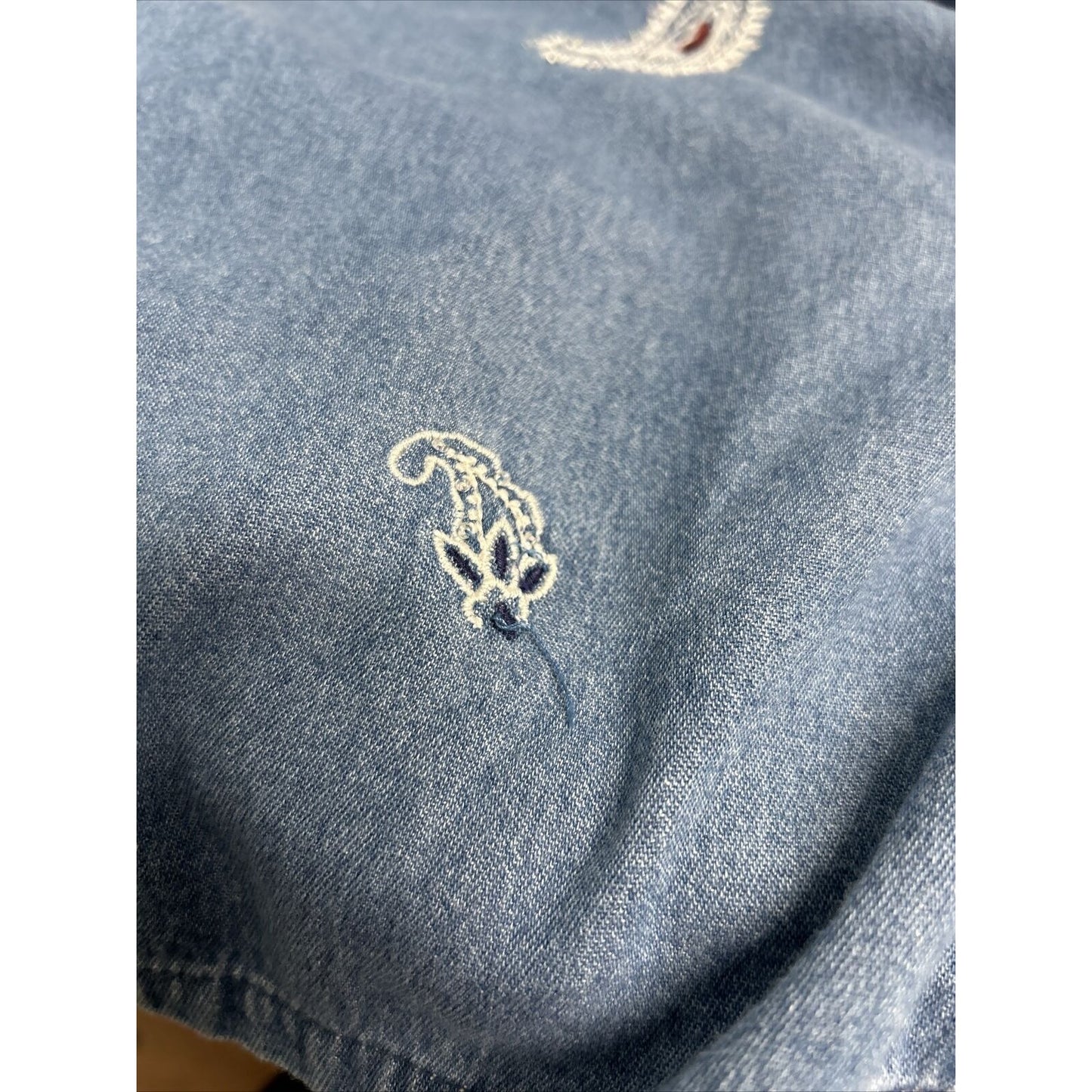 Vtg DONN KENNY Embroidered Beaded Short Sleeve Red Collar Denim Button Up XL