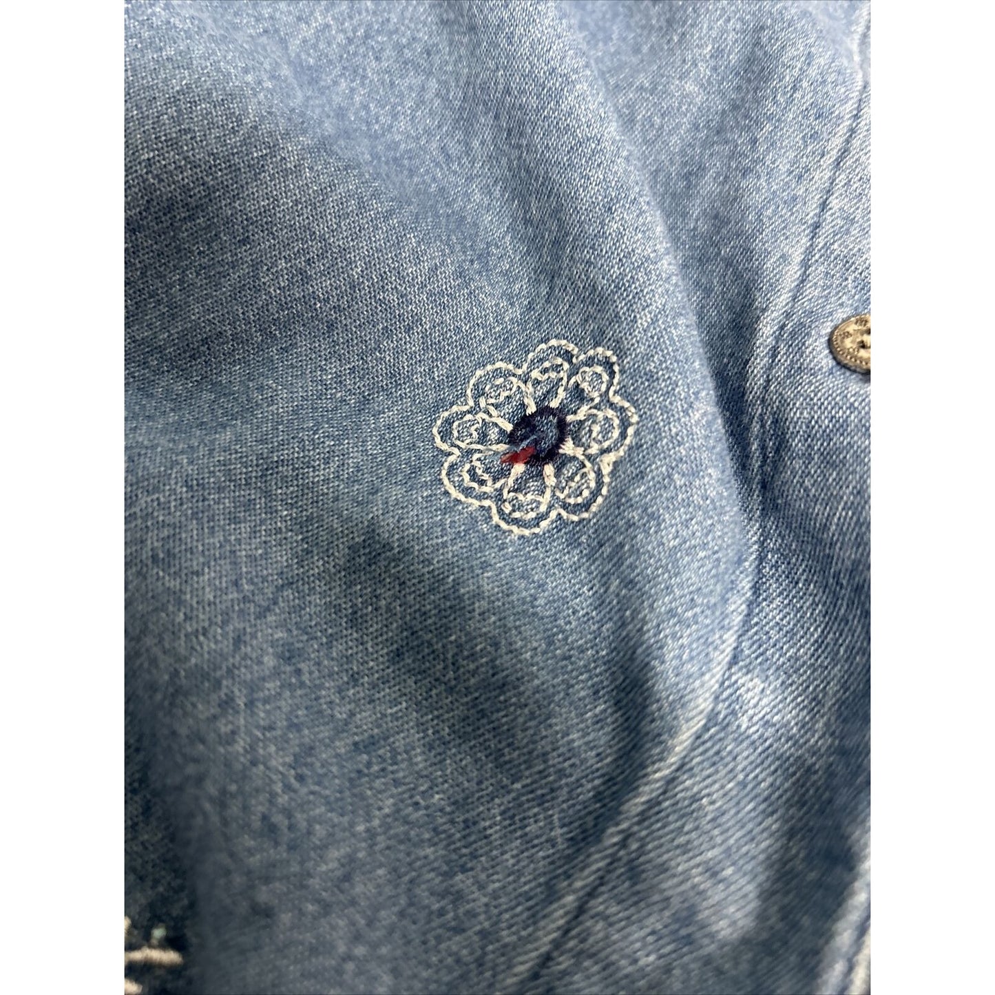 Vtg DONN KENNY Embroidered Beaded Short Sleeve Red Collar Denim Button Up XL