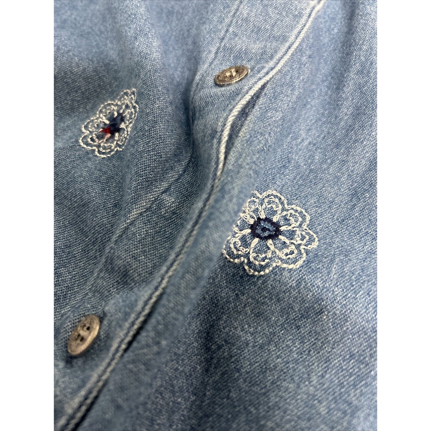Vtg DONN KENNY Embroidered Beaded Short Sleeve Red Collar Denim Button Up XL