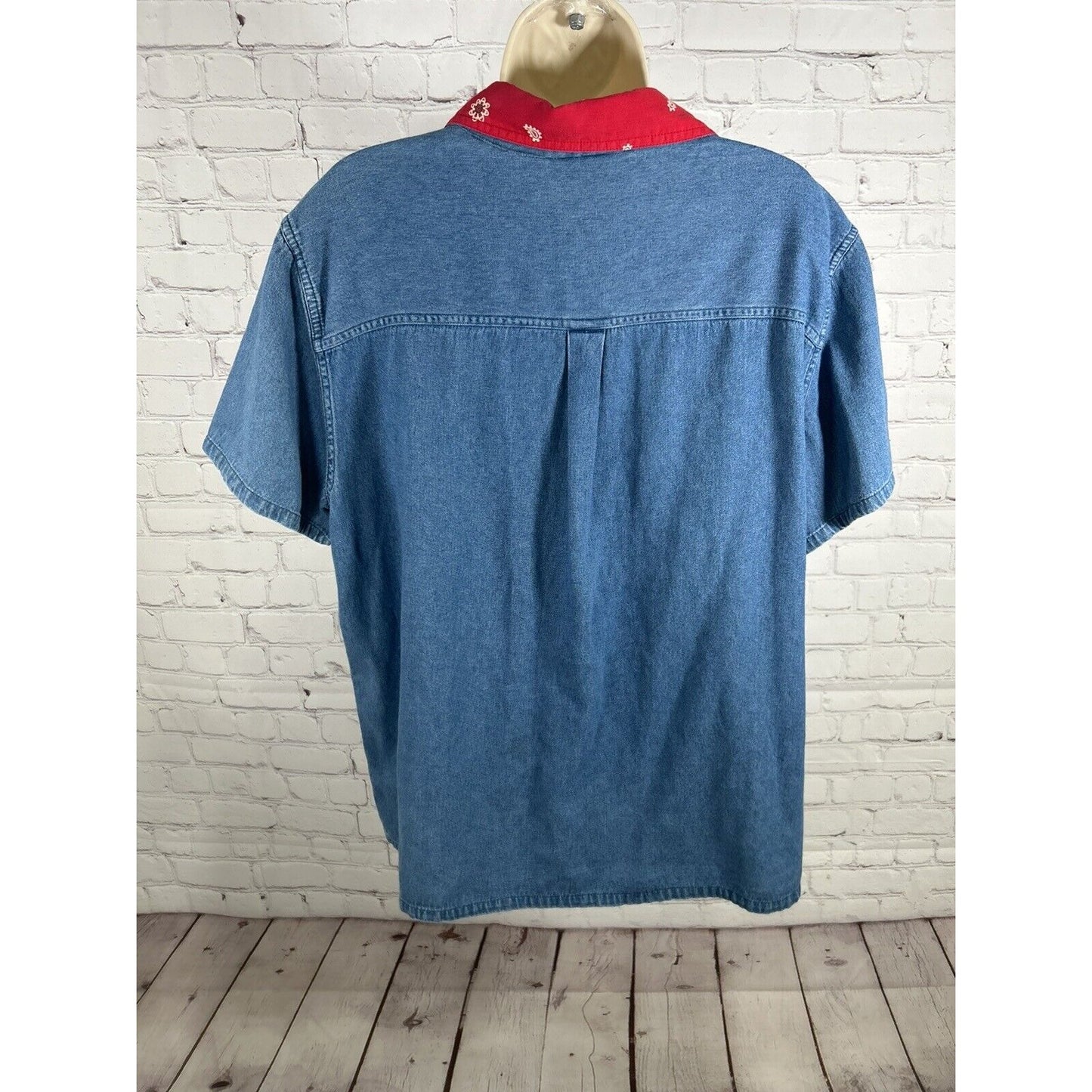 Vtg DONN KENNY Embroidered Beaded Short Sleeve Red Collar Denim Button Up XL