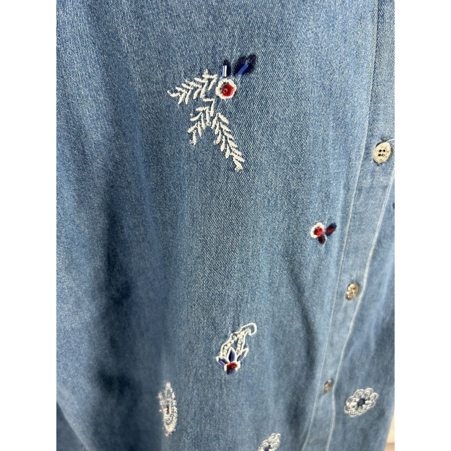 Vtg DONN KENNY Embroidered Beaded Short Sleeve Red Collar Denim Button Up XL