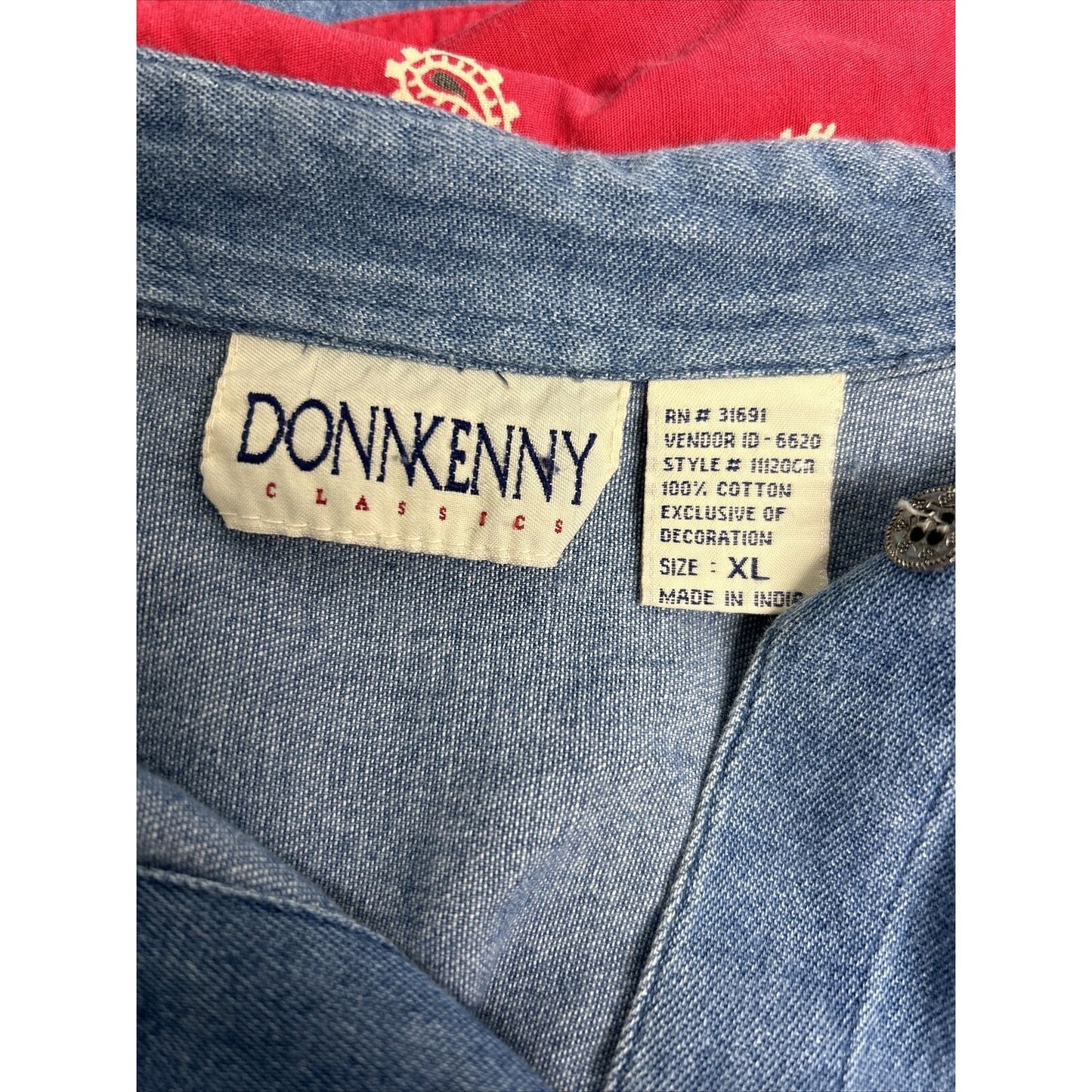 Vtg DONN KENNY Embroidered Beaded Short Sleeve Red Collar Denim Button Up XL