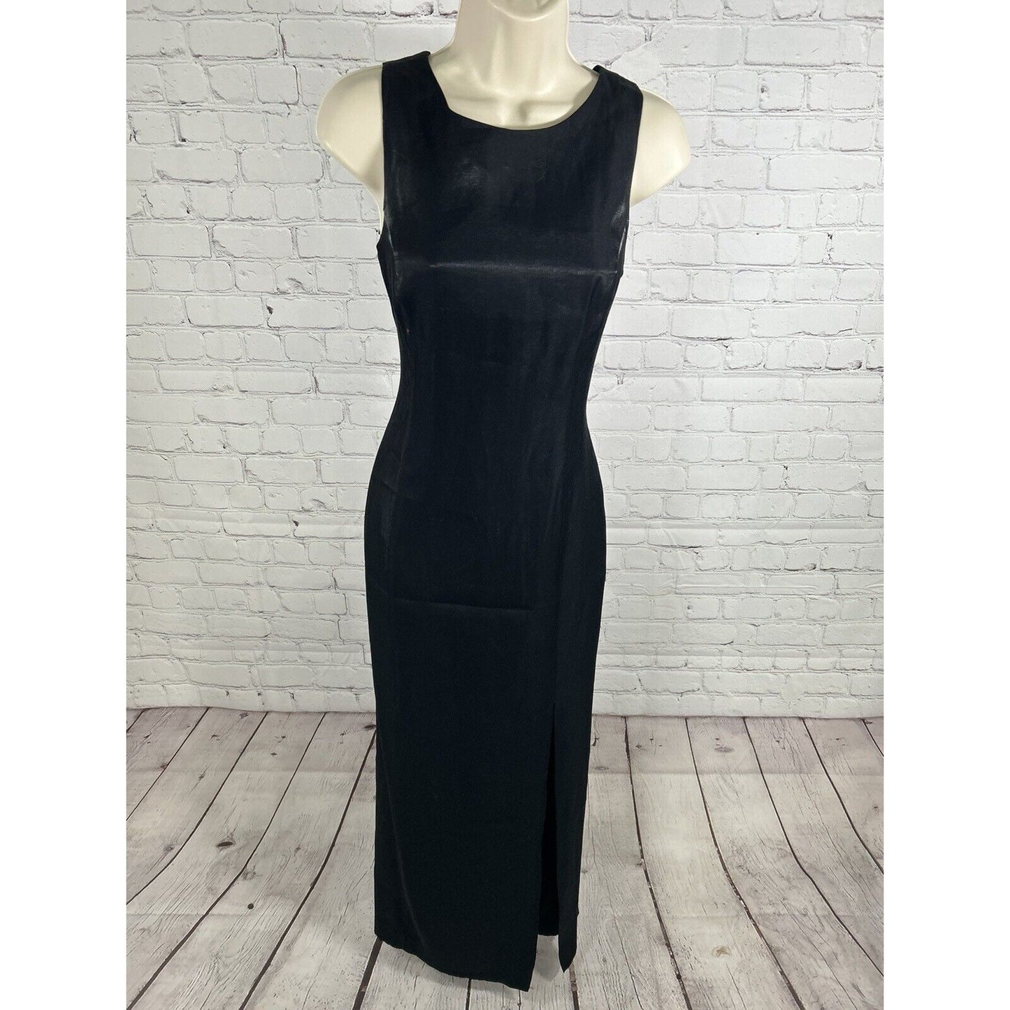 VTG Ever Beauty Shimmery Black Back Cut Out Full Length Side Slit Womens Dress 6
