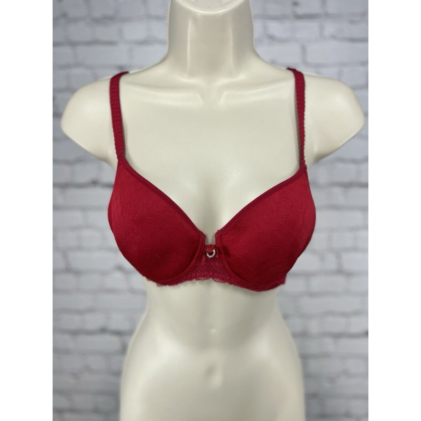 Chantelle Red Full Unlined Lace Underwired Bra Ruffled Straps Rhinestones 32D