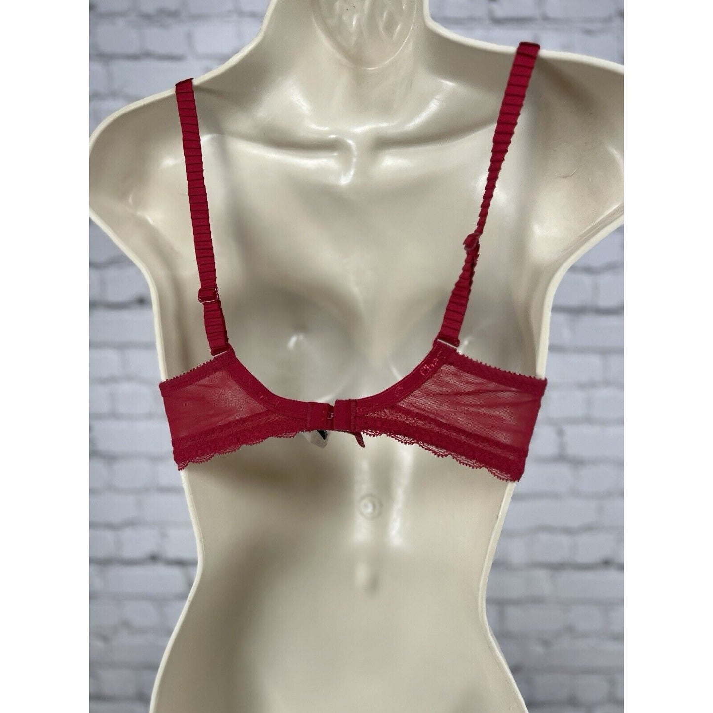 Chantelle Red Full Unlined Lace Underwired Bra Ruffled Straps Rhinestones 32D