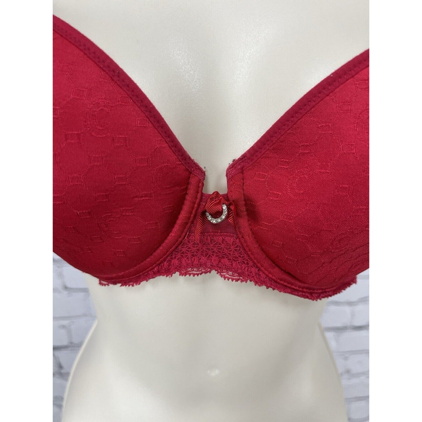 Chantelle Red Full Unlined Lace Underwired Bra Ruffled Straps Rhinestones 32D