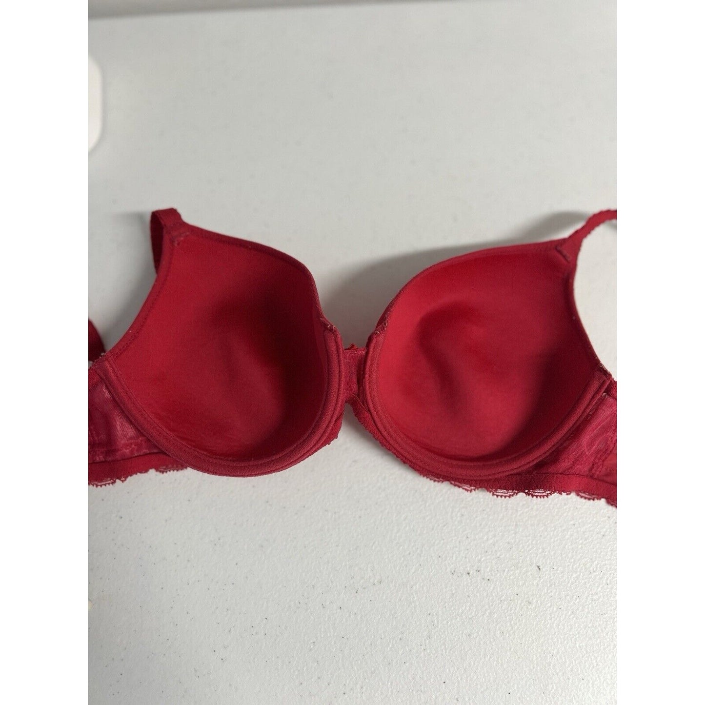 Chantelle Red Full Unlined Lace Underwired Bra Ruffled Straps Rhinestones 32D