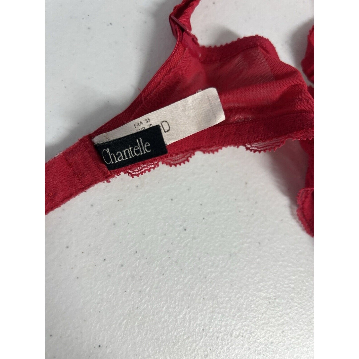 Chantelle Red Full Unlined Lace Underwired Bra Ruffled Straps Rhinestones 32D
