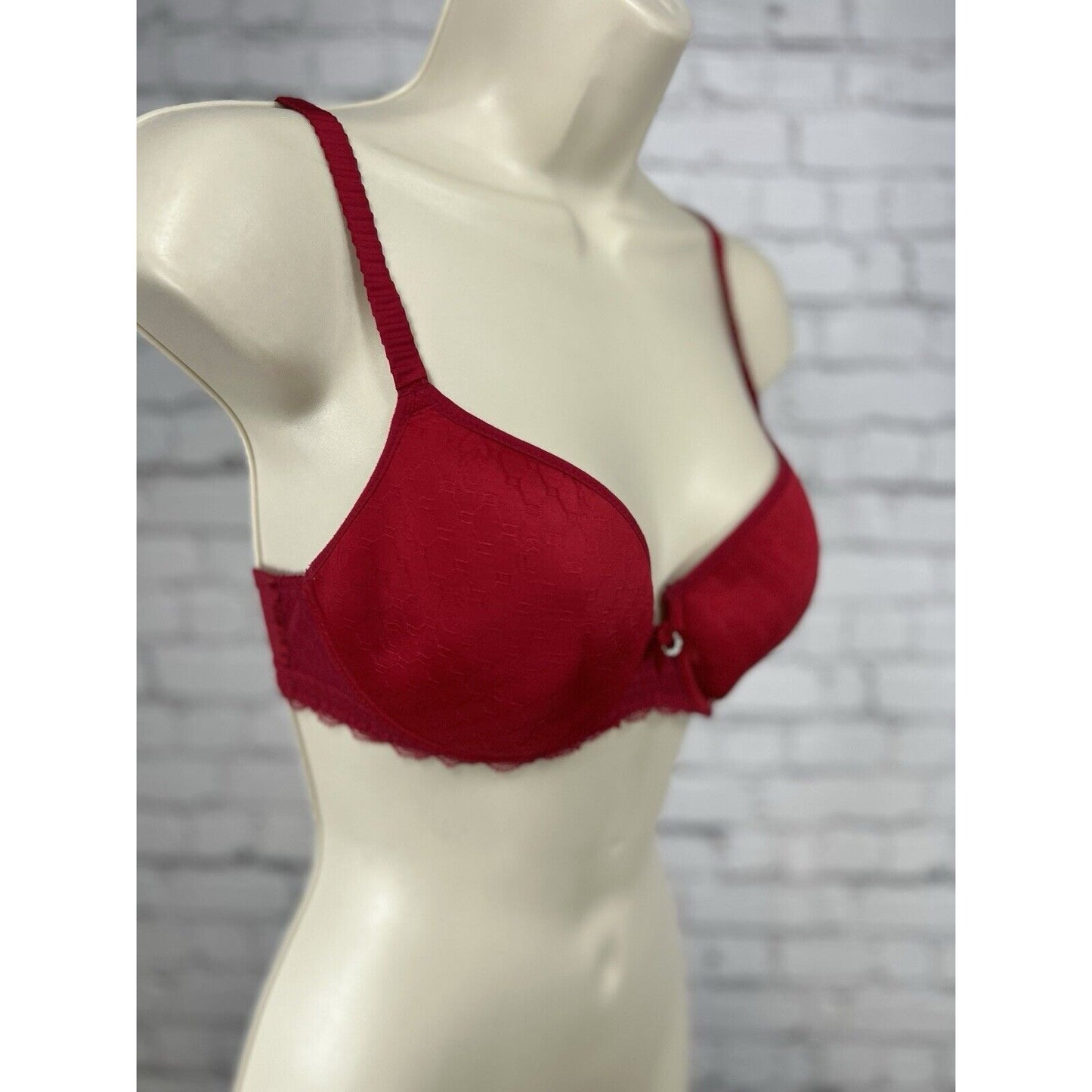 Chantelle Red Full Unlined Lace Underwired Bra Ruffled Straps Rhinestones 32D