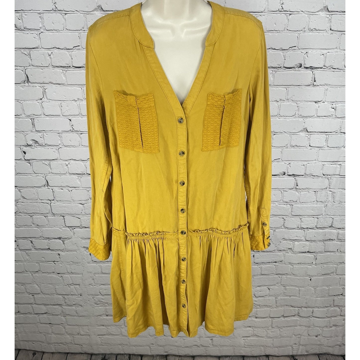 Maeve Golden Yellow Buttoned Ruched Pockets Long Sleeve Shirt Dress Size 2