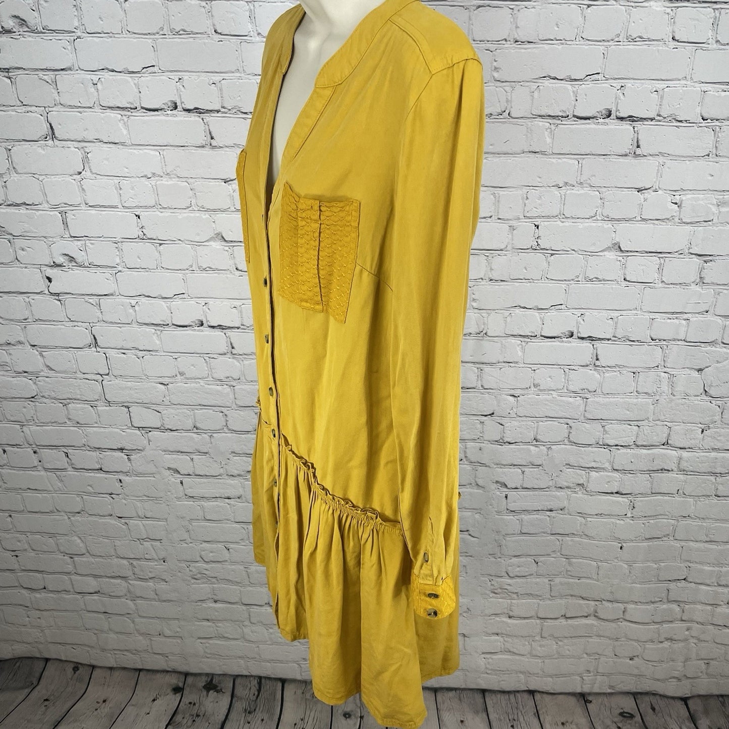 Maeve Golden Yellow Buttoned Ruched Pockets Long Sleeve Shirt Dress Size 2