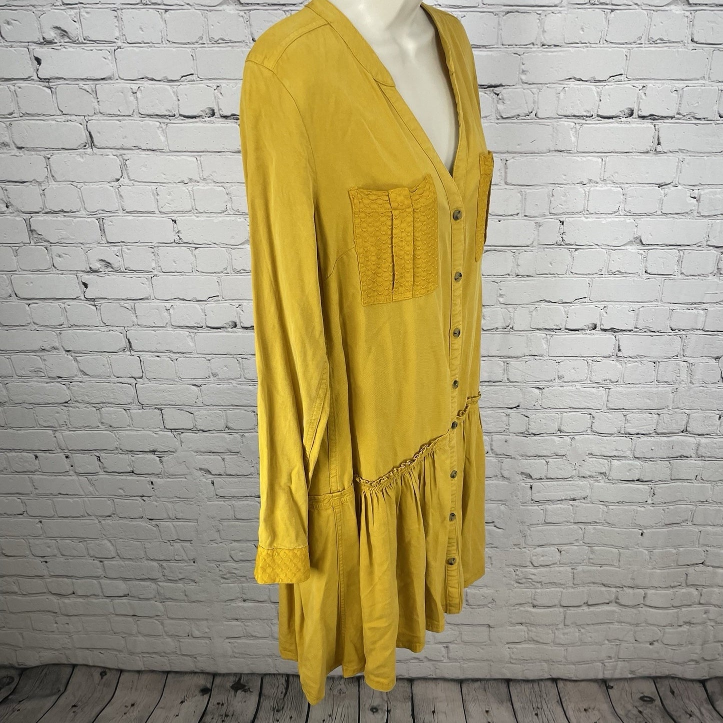 Maeve Golden Yellow Buttoned Ruched Pockets Long Sleeve Shirt Dress Size 2