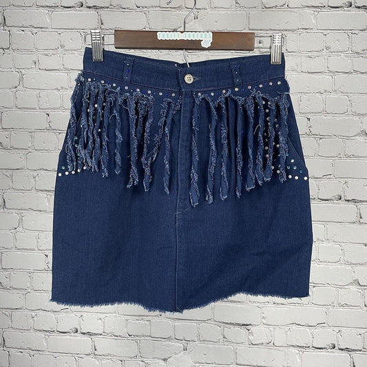 VTG Gotcha Covered Dark Blue Denim Mini Skirt Fringe Made In USA Pockets Size 4