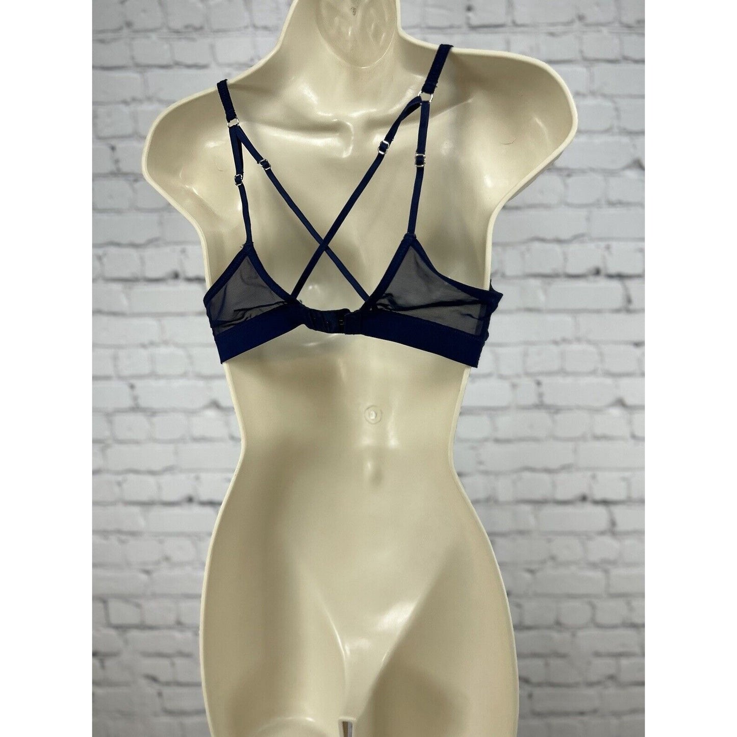 Aerie Blue Leopard Print V Neck Spaghetti Cross Strap Semi Sheer Bra Wireless M