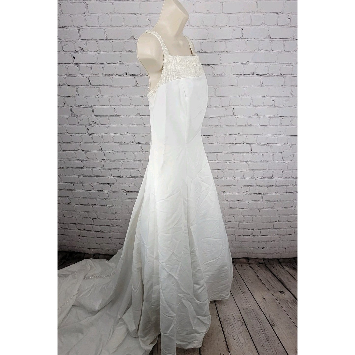 Alfred Angelo White Pearl Beaded Train Bridal A-Line #1973 Wedding Dress Gown 16