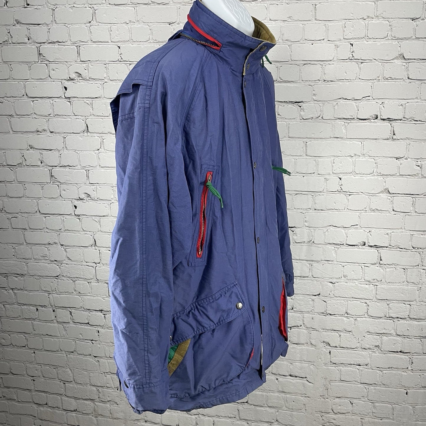 VTG Brambilla Blue Overcoat Corduroy Trim Zip Snap Removable Hood Size Medium M