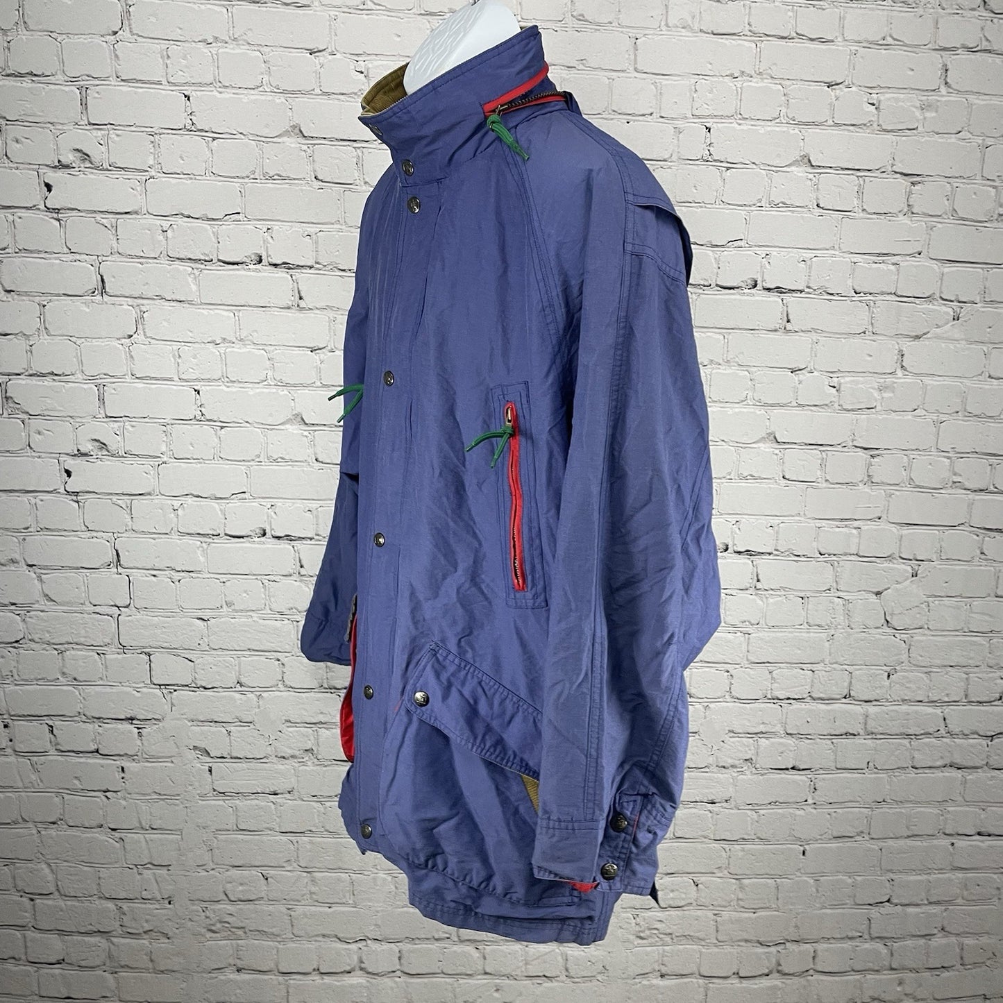 VTG Brambilla Blue Overcoat Corduroy Trim Zip Snap Removable Hood Size Medium M
