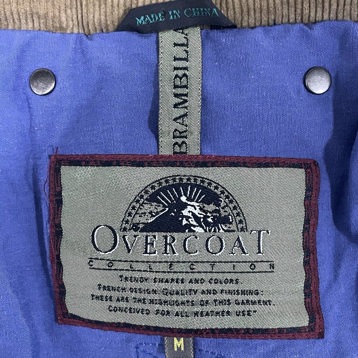 VTG Brambilla Blue Overcoat Corduroy Trim Zip Snap Removable Hood Size Medium M