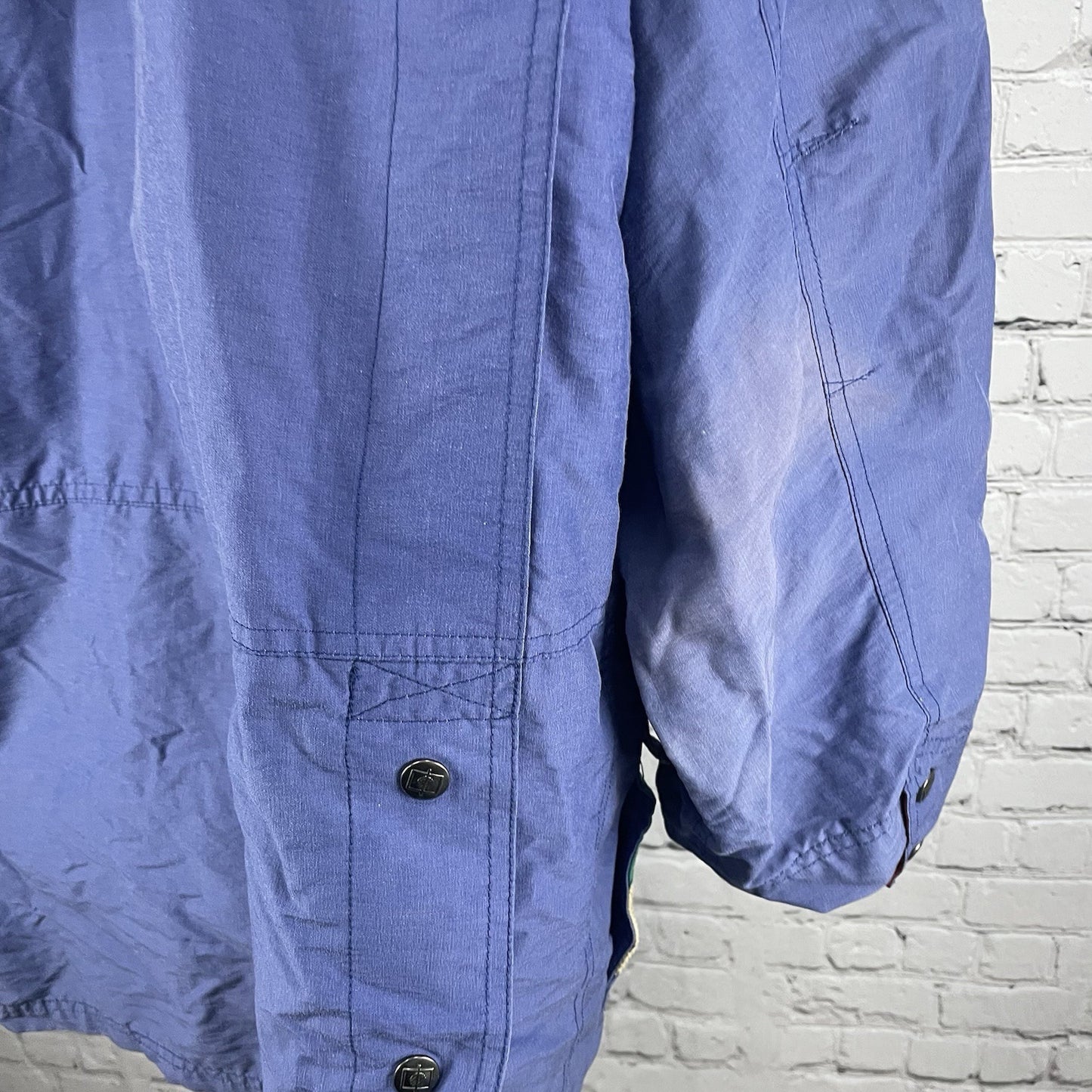 VTG Brambilla Blue Overcoat Corduroy Trim Zip Snap Removable Hood Size Medium M