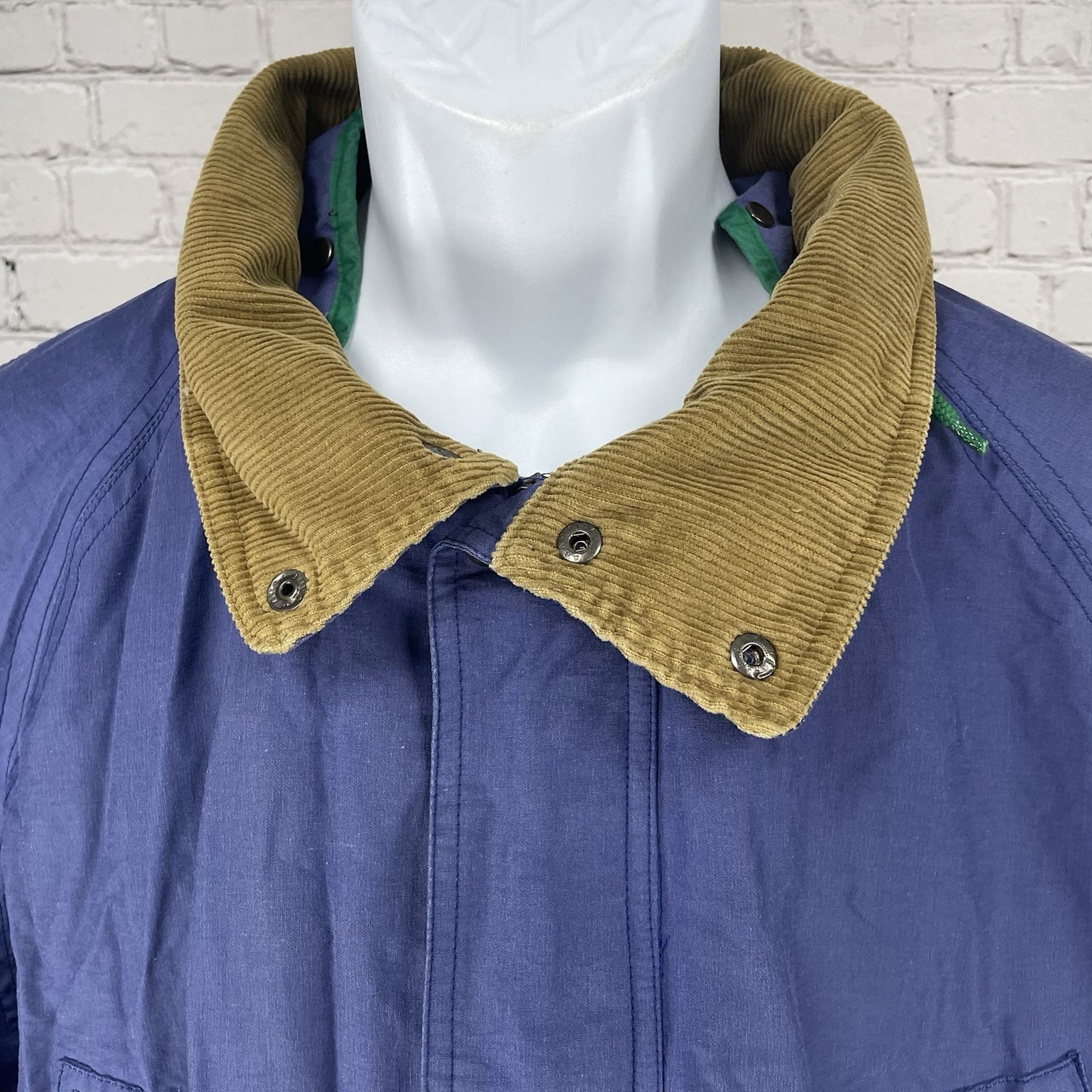 VTG Brambilla Blue Overcoat Corduroy Trim Zip Snap Removable Hood Size Medium M