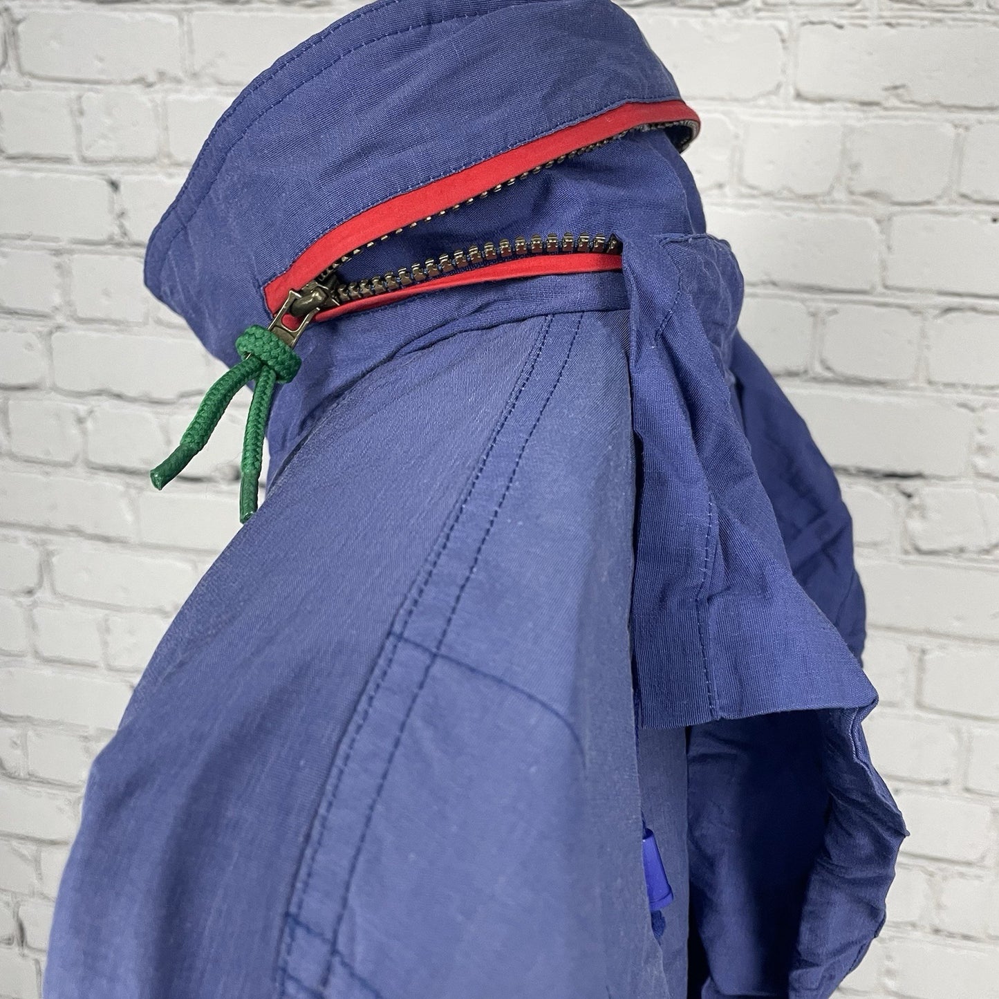 VTG Brambilla Blue Overcoat Corduroy Trim Zip Snap Removable Hood Size Medium M