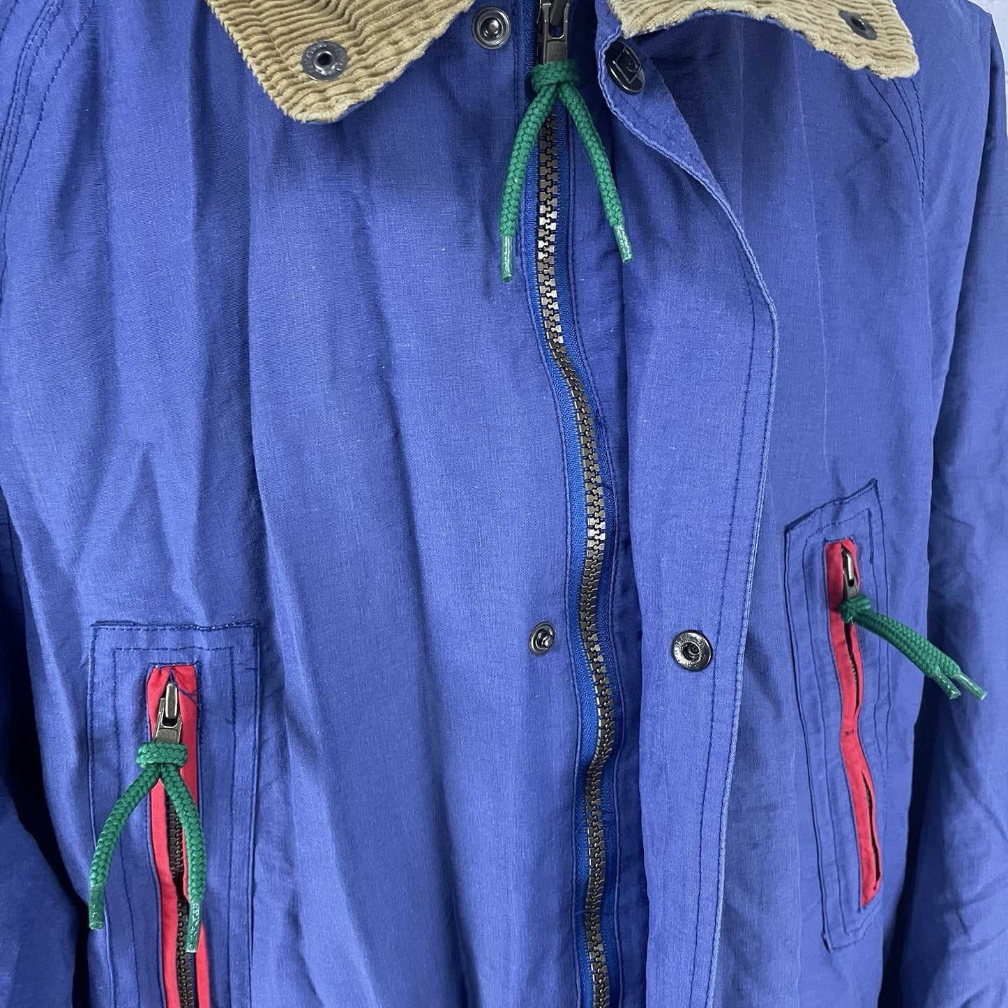 VTG Brambilla Blue Overcoat Corduroy Trim Zip Snap Removable Hood Size Medium M