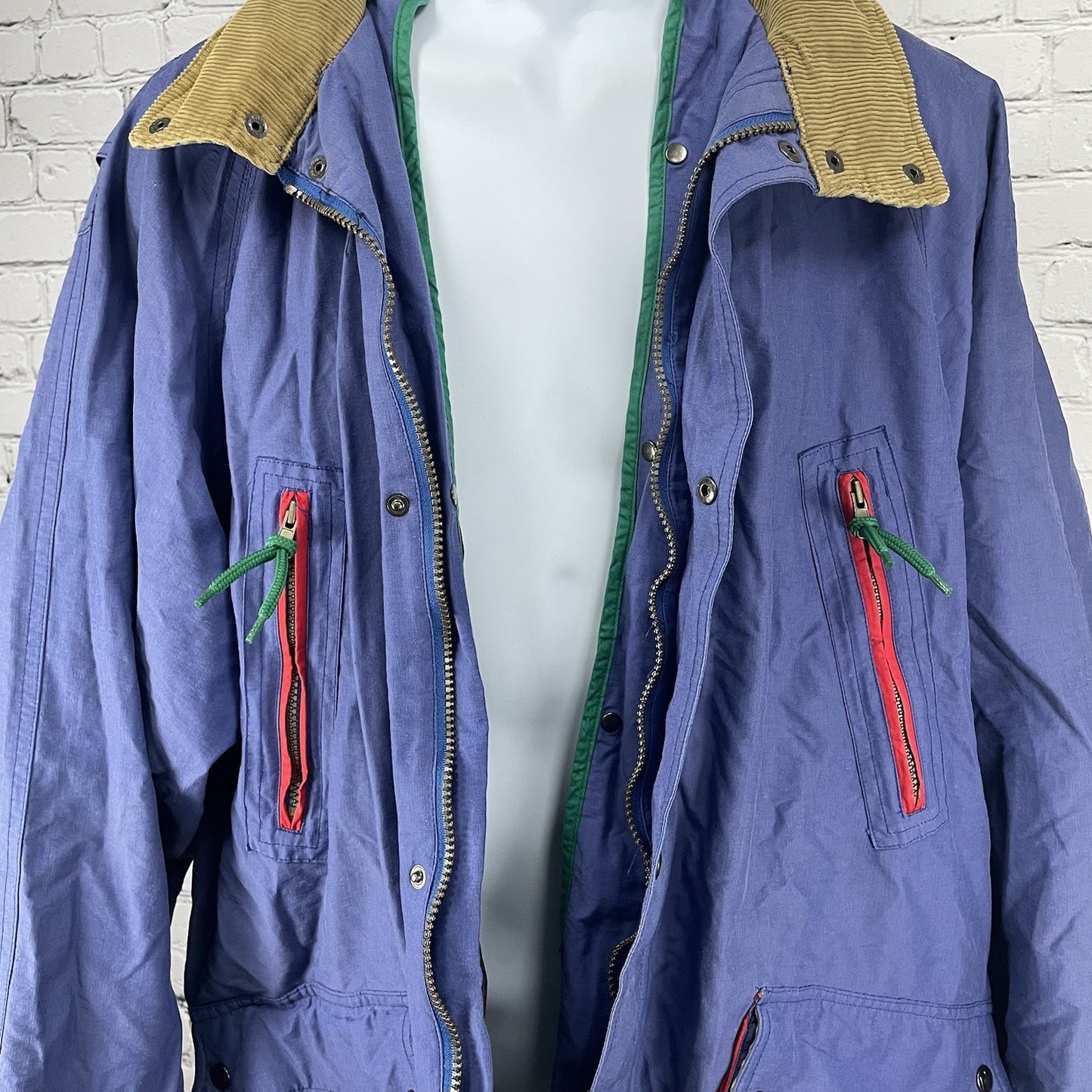 VTG Brambilla Blue Overcoat Corduroy Trim Zip Snap Removable Hood Size Medium M