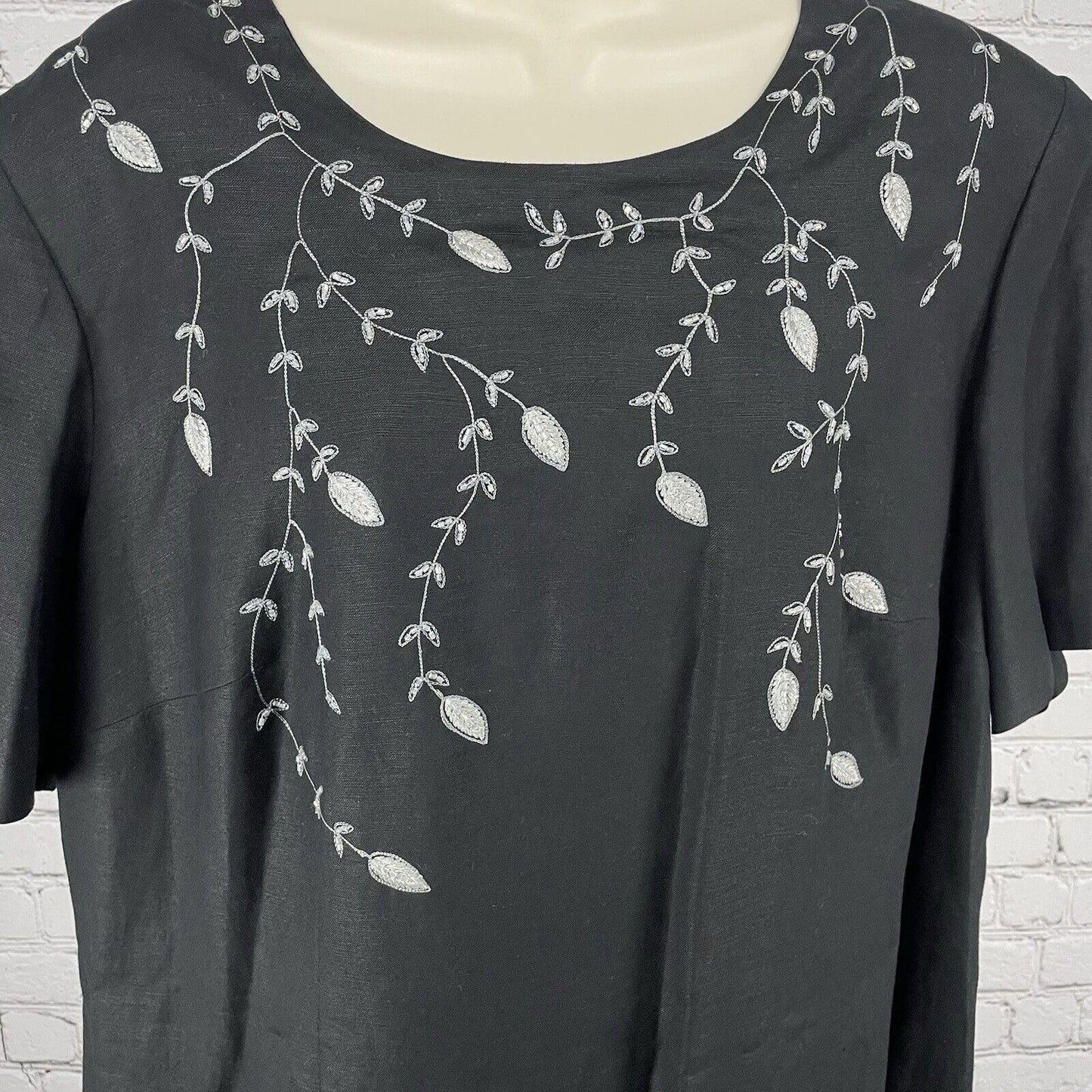 Positive Attitude Black Linen Blend Embroidered Maxi Shift Dress Lined Size 18