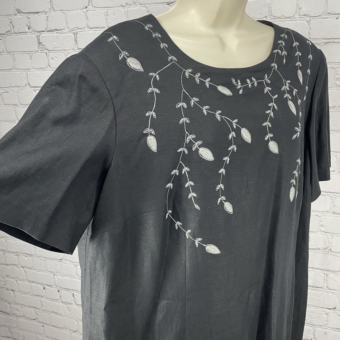 Positive Attitude Black Linen Blend Embroidered Maxi Shift Dress Lined Size 18