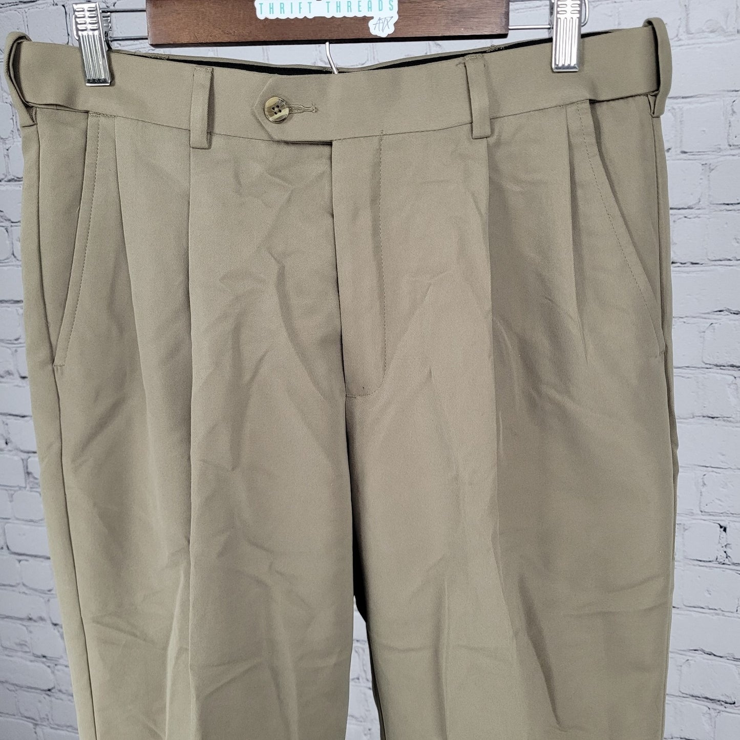 Savane Green Khaki Pleated Cuffed Tapered Dress Pants Size 32x32 (32x32)