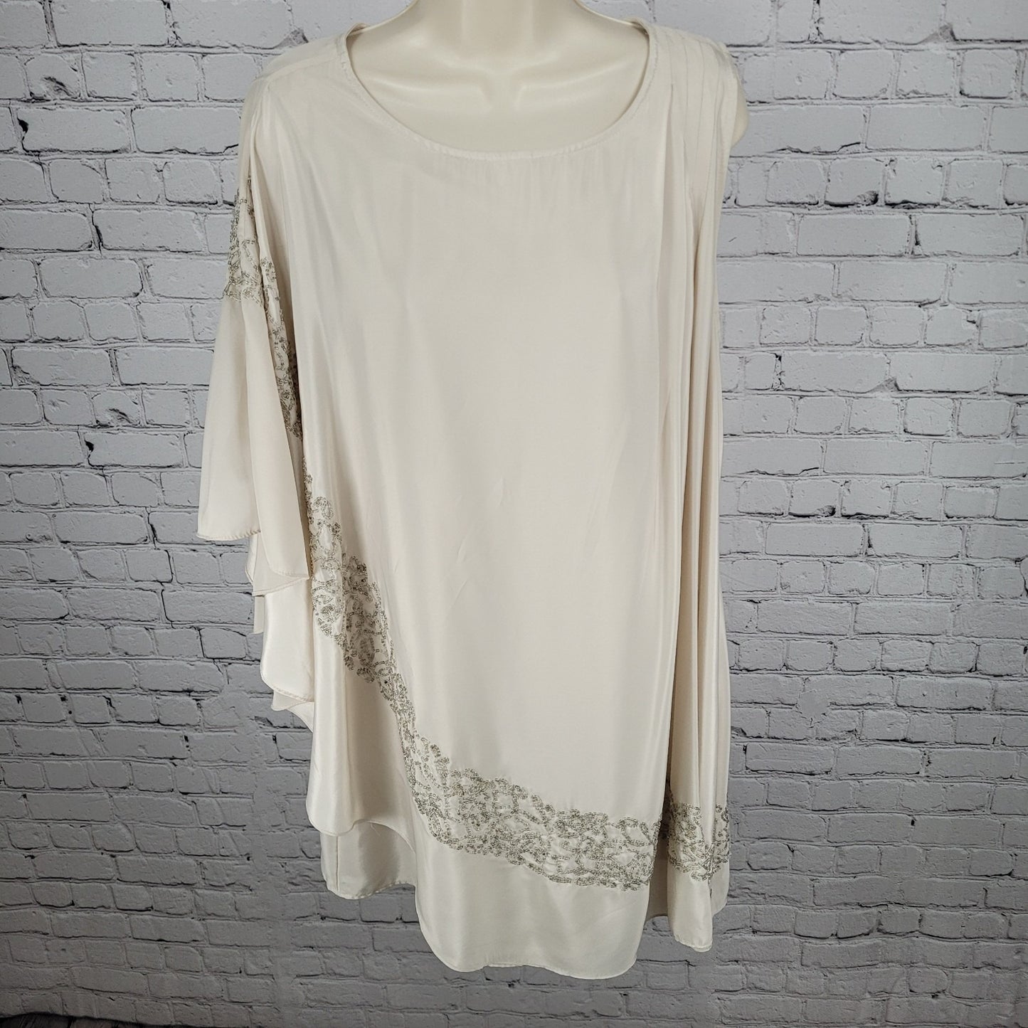 Free People Beige Satin Beaded Pleated Asymmetric Sleeve Dress Size Medium M