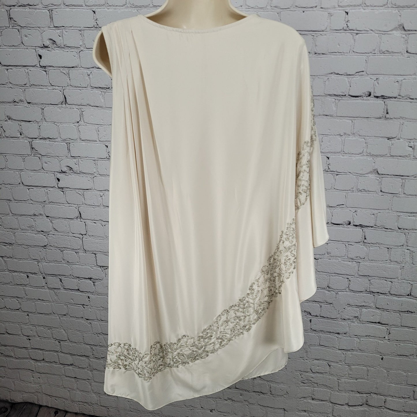 Free People Beige Satin Beaded Pleated Asymmetric Sleeve Dress Size Medium M