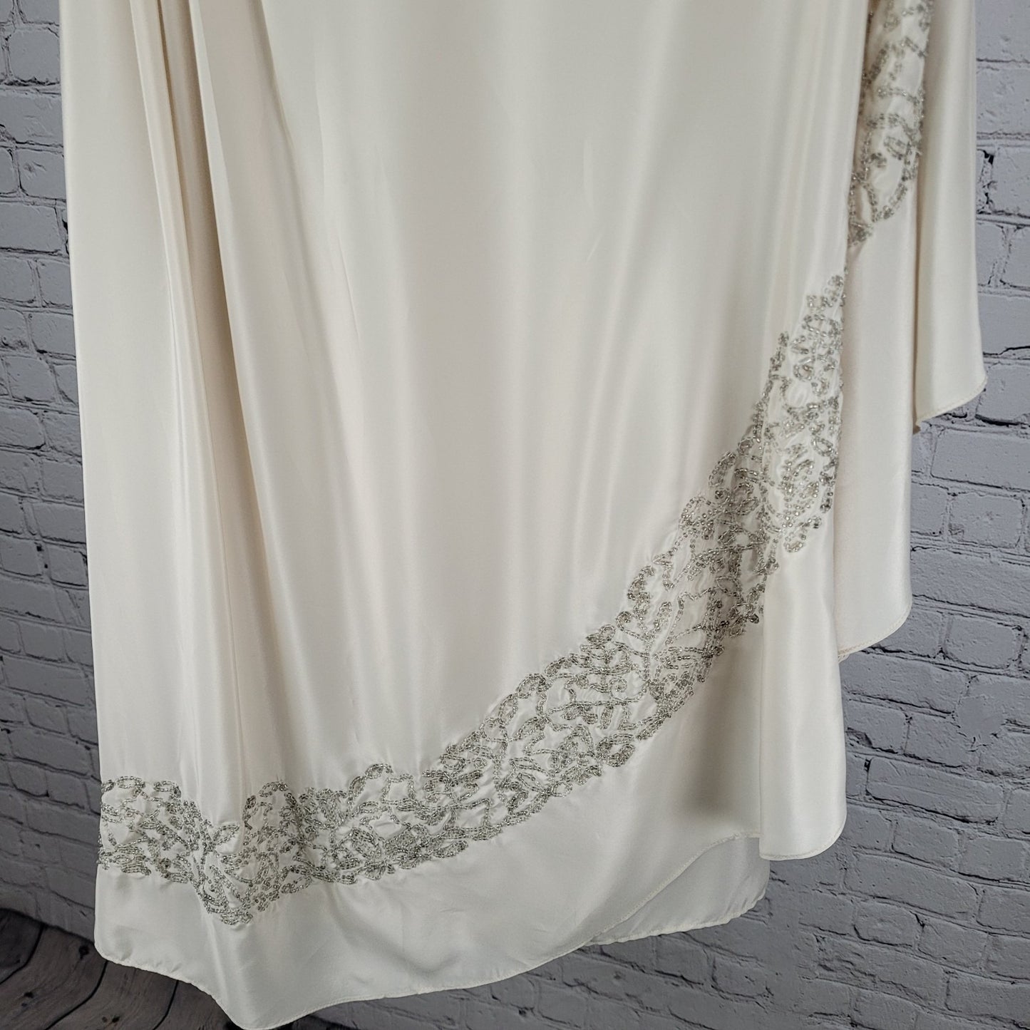 Free People Beige Satin Beaded Pleated Asymmetric Sleeve Dress Size Medium M