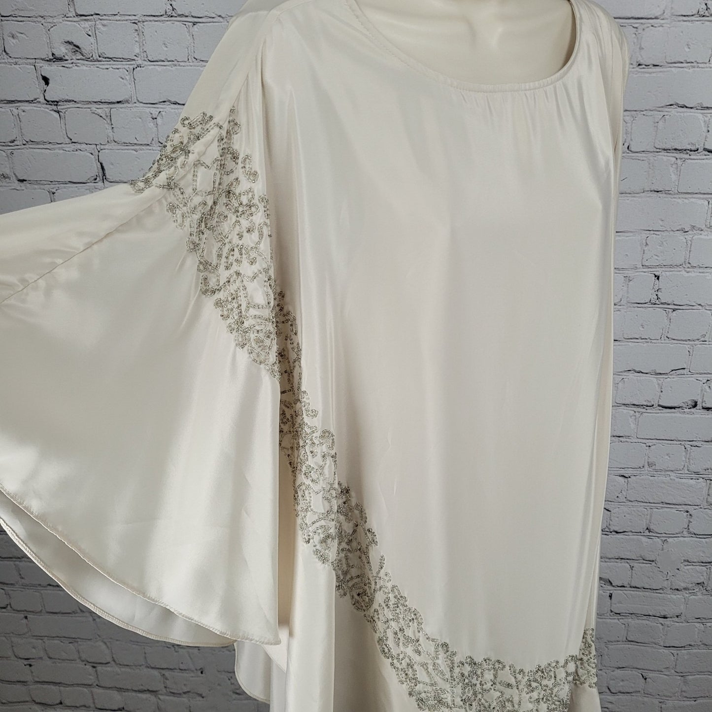 Free People Beige Satin Beaded Pleated Asymmetric Sleeve Dress Size Medium M