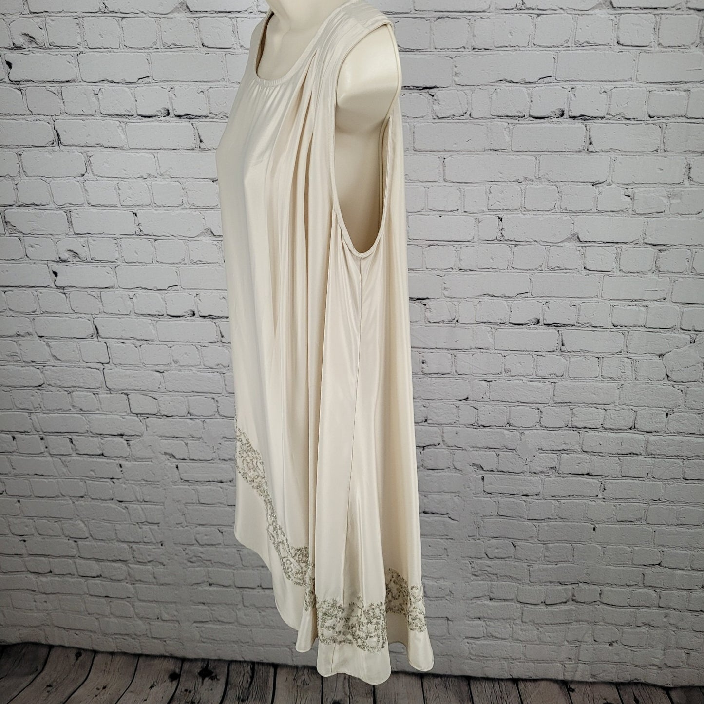 Free People Beige Satin Beaded Pleated Asymmetric Sleeve Dress Size Medium M